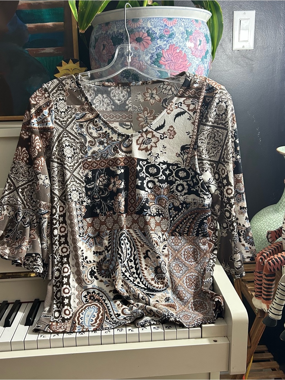 Y2K Patchwork Paisley Floral Bell Sleeve Top Brown Cream Boho Women’s Small